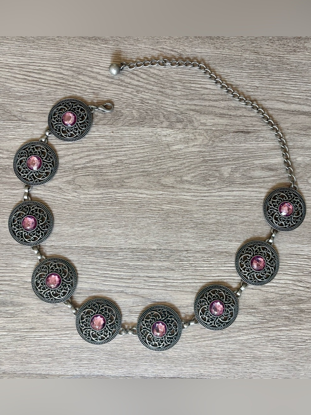 Vintage Belt Boho Western Silver Tone 2.5” Large Concho Chain Pink Stones
Style